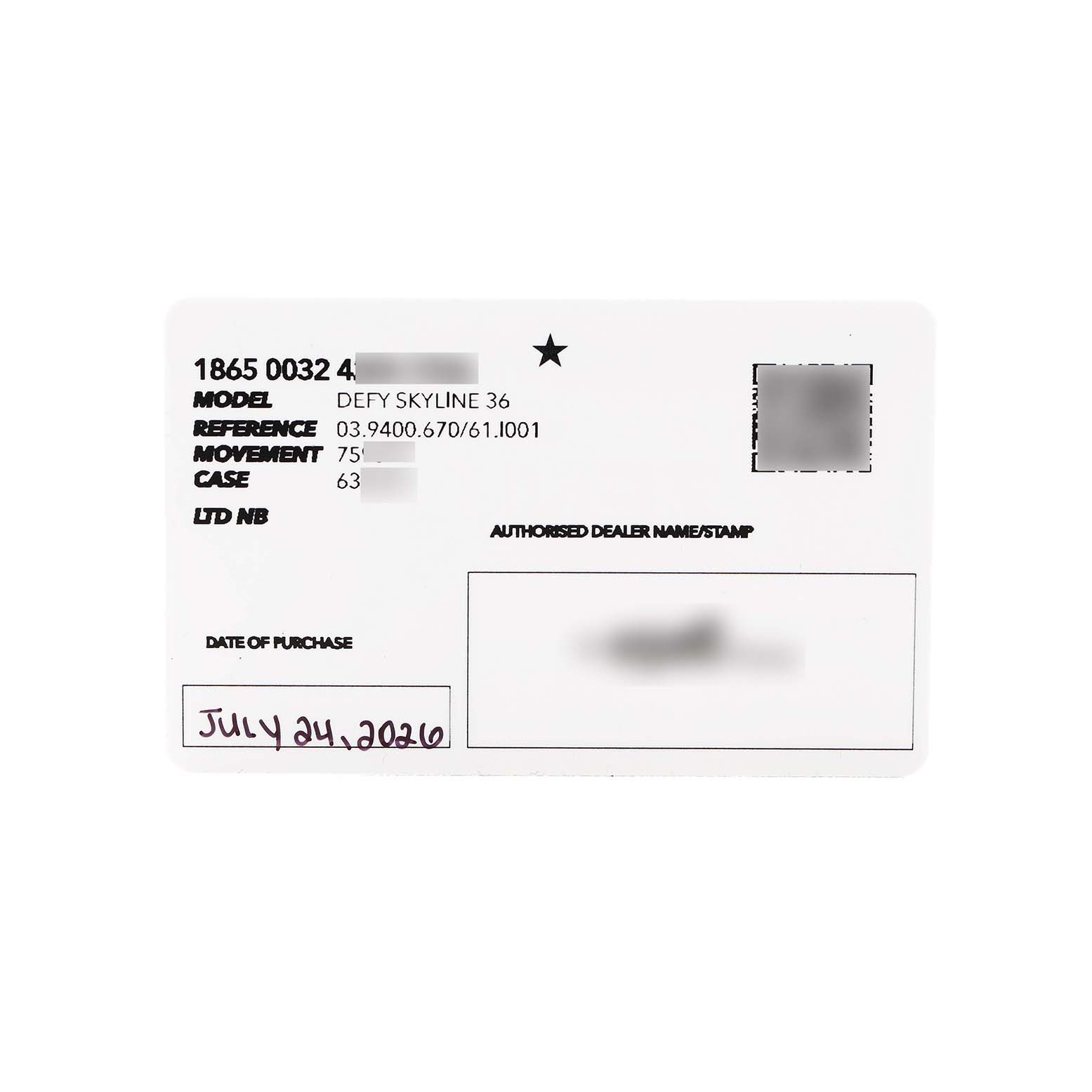 The image shows a warranty card for the Zenith Defy 03.9400.670/61.I001 Men's Stainless Steel Green Dial Skyline 36 model, displaying its details and purchase date.
