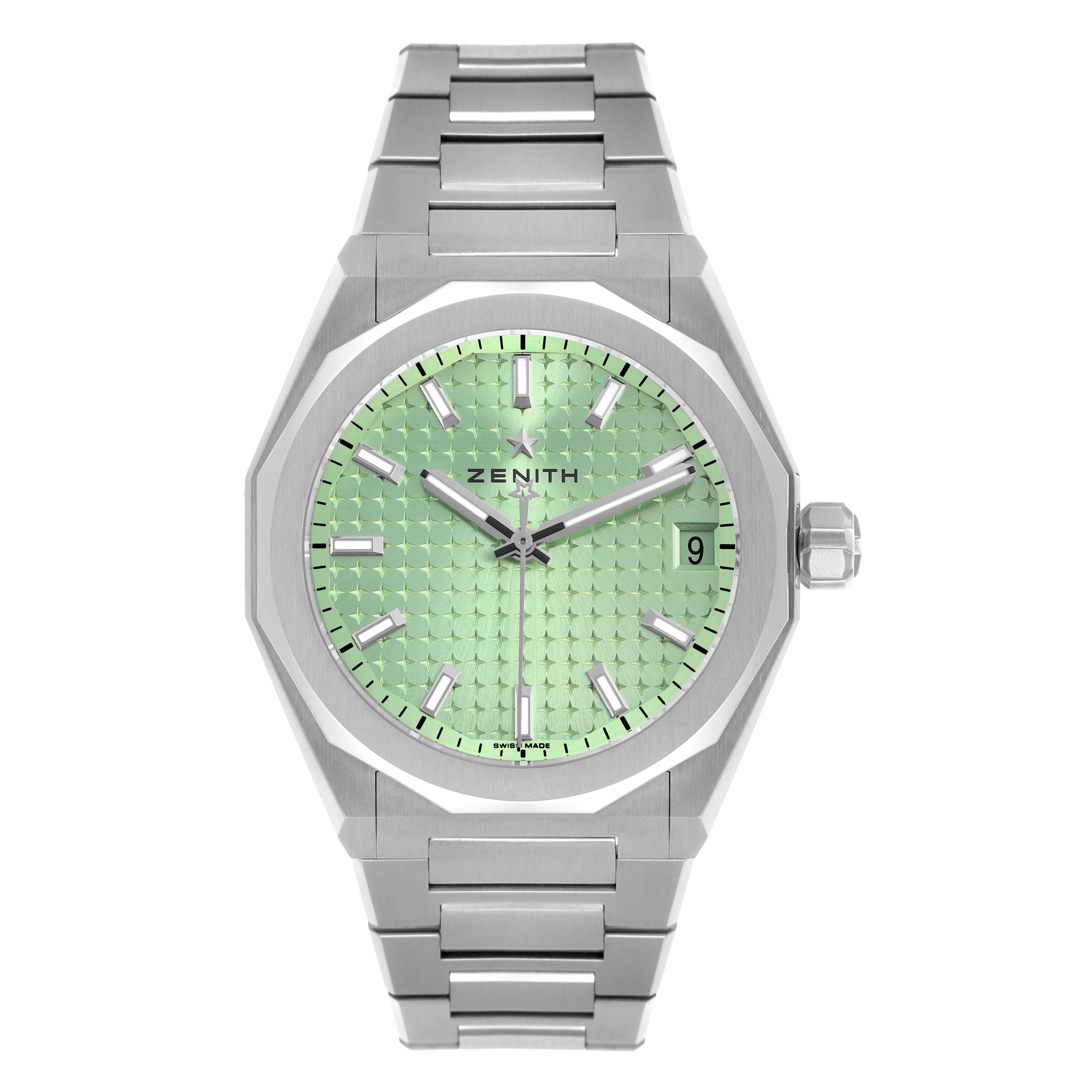 The Zenith Defy 03.9400.670/61.I001 Men's Stainless Steel Green Dial watch is shown from the front, highlighting its green textured dial, metal bracelet, and date window.