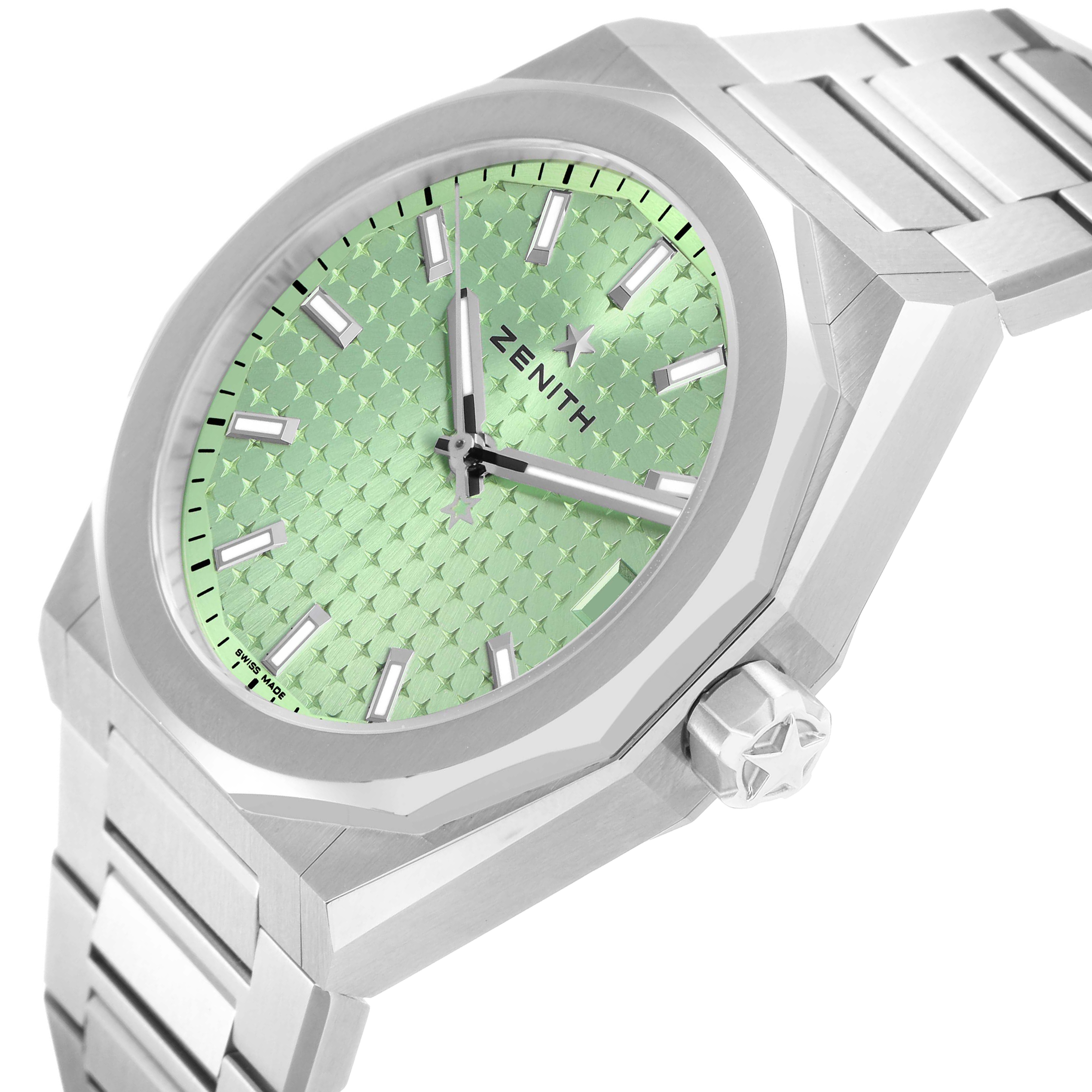 The Zenith Defy 03.9400.670/61.I001 Men's Stainless Steel Green Dial watch is shown at a tilted angle, highlighting its green textured dial, bezel, and bracelet.