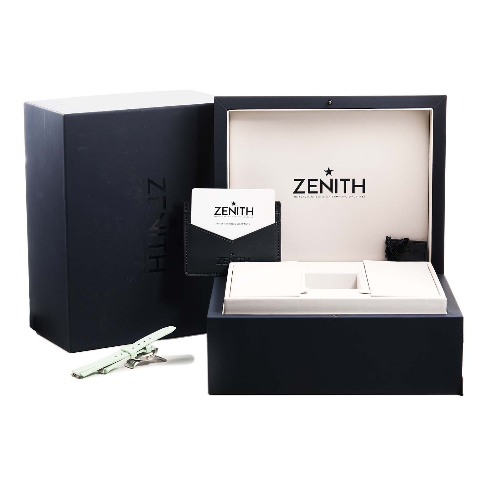 The image shows a Zenith Defy 03.9400.670/61.I001 Men's Stainless Steel Green Dial watch box, cardholder, and strap at a front angle.