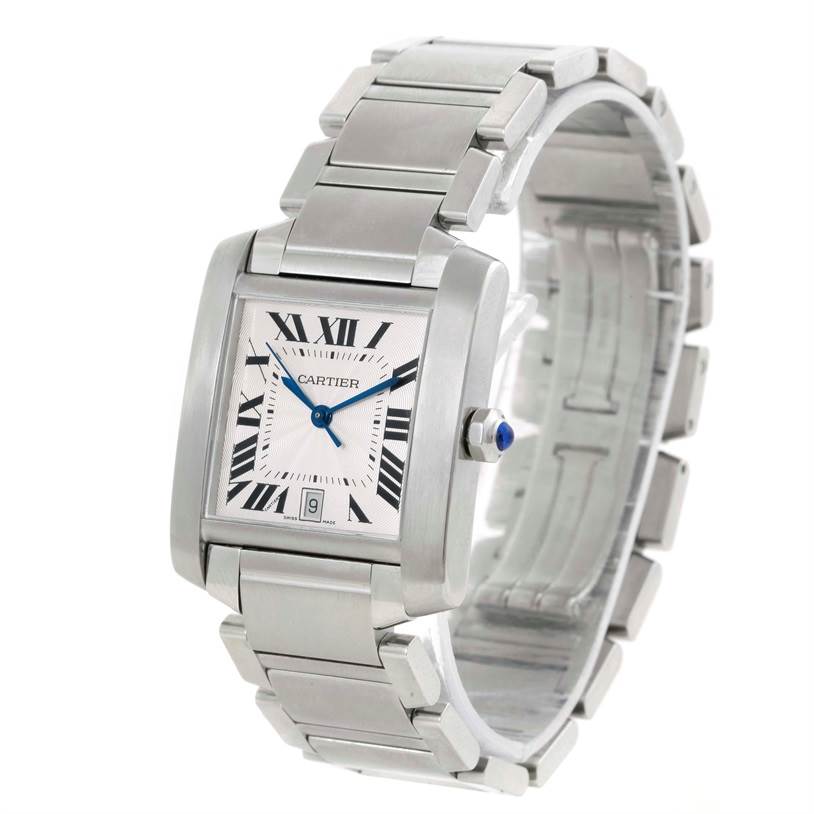 The Cartier W51002Q3 Stainless Steel Silver Dial W51002Q3 Stainless Steel Silver Dial Tank Francaise Large Stainless Steel Mens Watch W51002Q3 is shown at an oblique angle featuring its dial and bracelet.