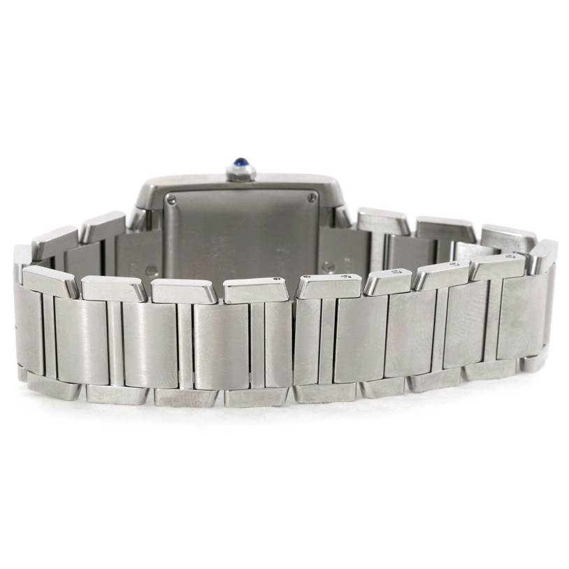 The image shows the back and bracelet of the Cartier W51002Q3 Stainless Steel Silver Dial W51002Q3 Stainless Steel Silver Dial Tank Francaise Large Stainless Steel Men's Watch W51002Q3.