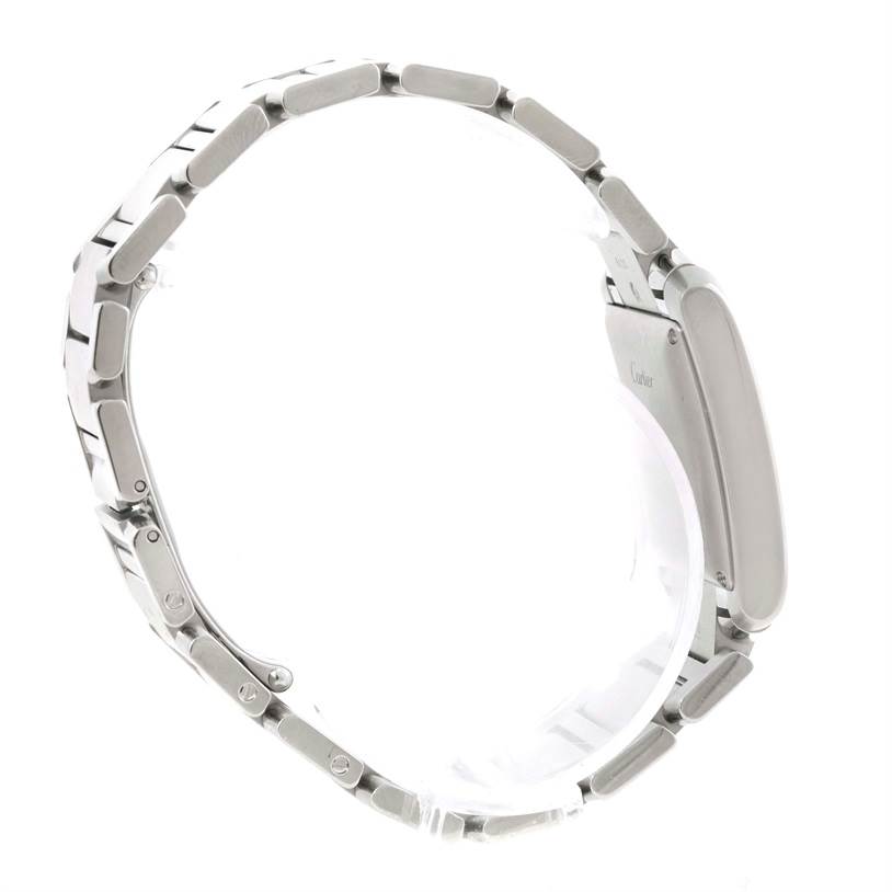 The image shows the side profile of the bracelet and case back of the Cartier W51002Q3 Stainless Steel Silver Dial W51002Q3 Stainless Steel Silver Dial Tank Francaise Large Stainless Steel Mens Watch, model W51002Q3.