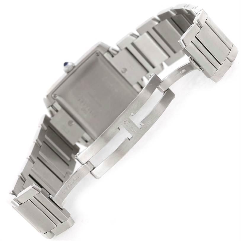 The image shows the backside and clasp mechanism of the Cartier W51002Q3 Stainless Steel Silver Dial W51002Q3 Stainless Steel Silver Dial Tank Francaise Large Stainless Steel Men's Watch W51002Q3.