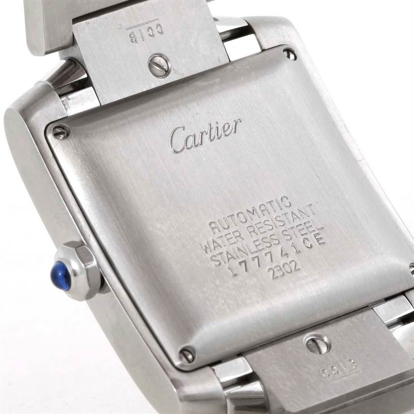 This image shows the back case and part of the bracelet of the Cartier W51002Q3 Stainless Steel Silver Dial W51002Q3 Stainless Steel Silver Dial Tank Francaise Large Stainless Steel Men's Watch W51002Q3.