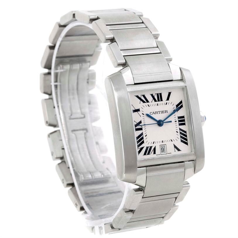 The image shows a Cartier W51002Q3 Stainless Steel Silver Dial W51002Q3 Stainless Steel Silver Dial Tank Francaise Large Stainless Steel Mens Watch W51002Q3 at an angled front view highlighting the bracelet and face.