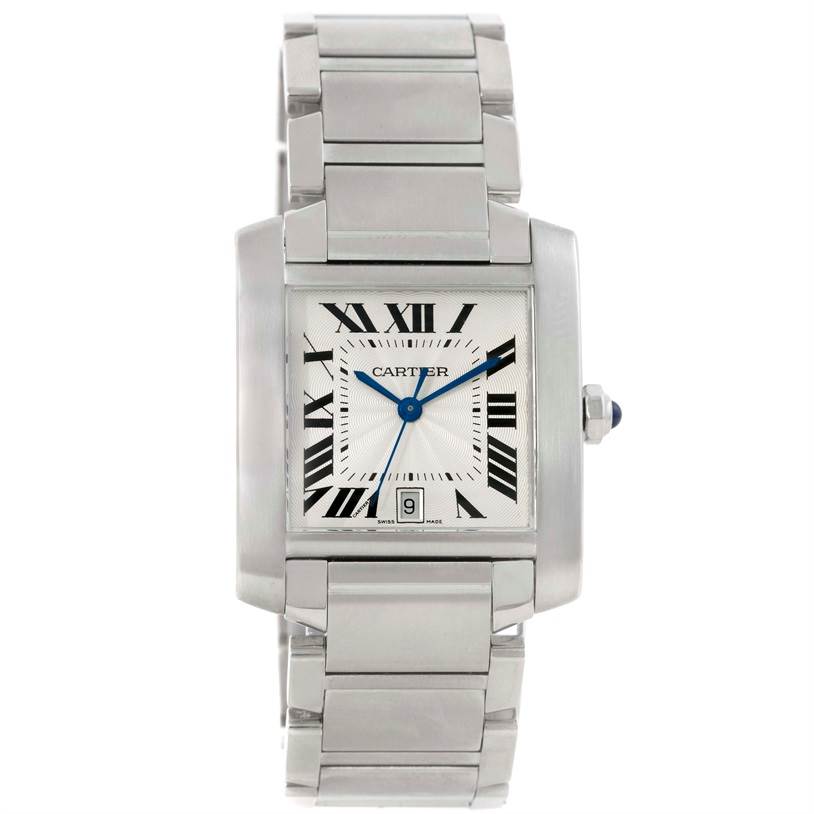 This image shows a Cartier W51002Q3 Stainless Steel Silver Dial W51002Q3 Stainless Steel Silver Dial Tank Francaise Large Stainless Steel Men's Watch W51002Q3 from a front perspective, highlighting its dial, bezel, and bracelet.