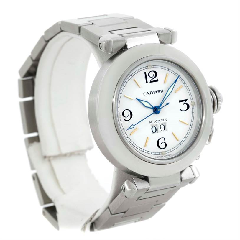 This image shows a side angle view of a Cartier Pasha W31044M7 Men
s Stainless Steel Silver Dial W31044M7 Men
s Stainless Steel Silver Dial watch, highlighting the dial, bracelet, and crown.