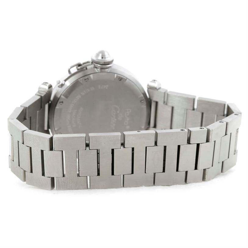 The image shows the back view of a Cartier Pasha W31044M7 Men
s Stainless Steel Silver Dial W31044M7 Men
s Stainless Steel Silver Dial watch, highlighting its stainless steel case and bracelet.