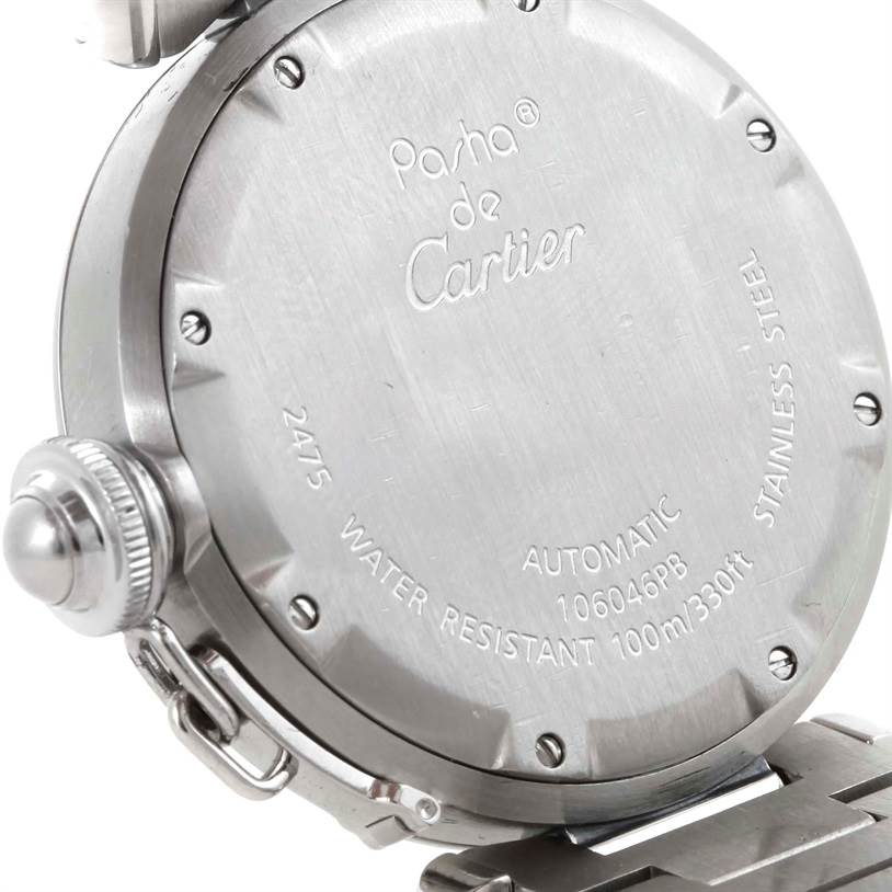 The image shows the back case of a Cartier Pasha W31044M7 Men
s Stainless Steel Silver Dial W31044M7 Men
s Stainless Steel Silver Dial watch, displaying various engravings and the strap attachment.
