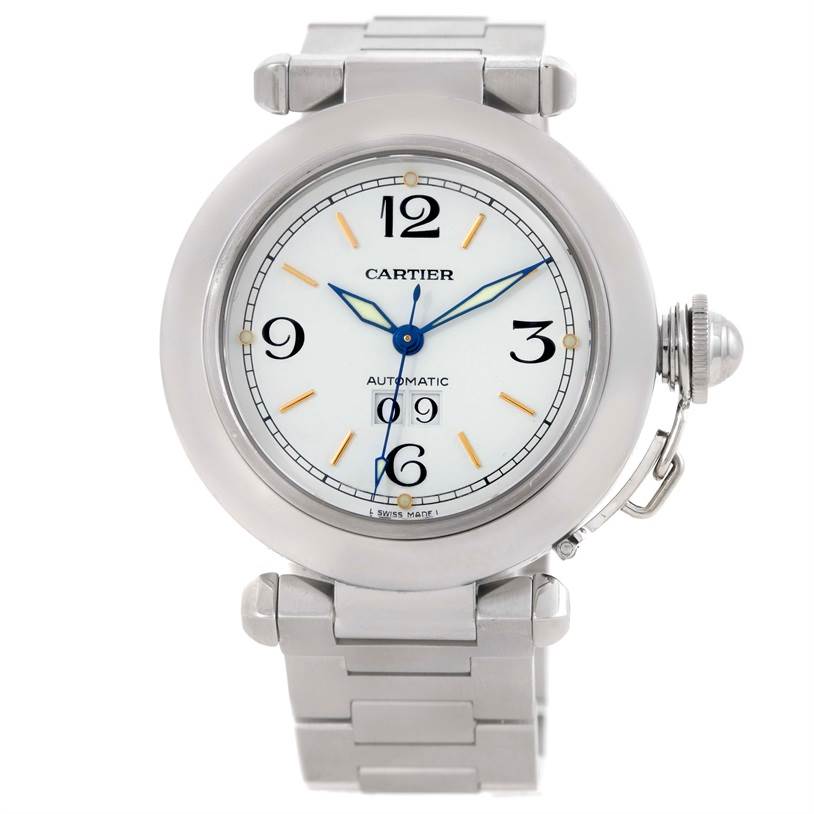 This image shows the front view of a Cartier Pasha W31044M7 Men
s Stainless Steel Silver Dial W31044M7 Men
s Stainless Steel Silver Dial watch, highlighting its dial, bracelet, and crown guard.