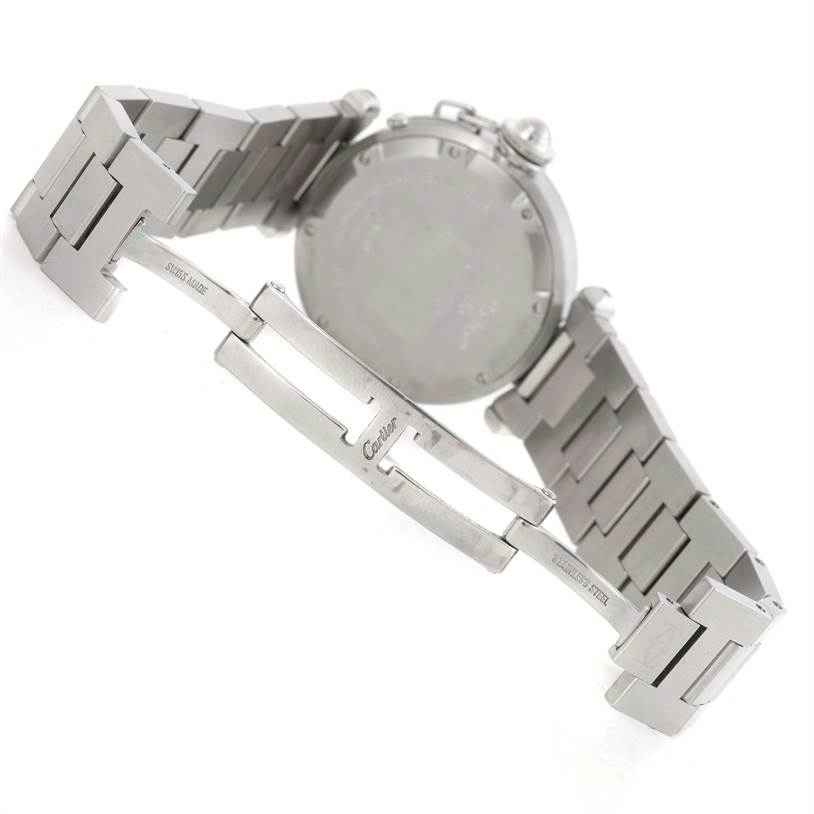 The image shows the back and partially open clasp of the Cartier Pasha W31044M7 Men
s Stainless Steel Silver Dial W31044M7 Men
s Stainless Steel Silver Dial watch.