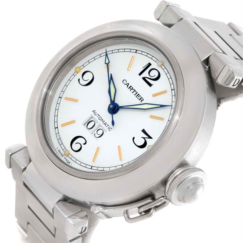 The image shows a close-up, angled view of the Cartier Pasha W31044M7 Men
s Stainless Steel Silver Dial W31044M7 Men
s Stainless Steel Silver Dial watch, displaying the face, hands, crown, and part of the bracelet.