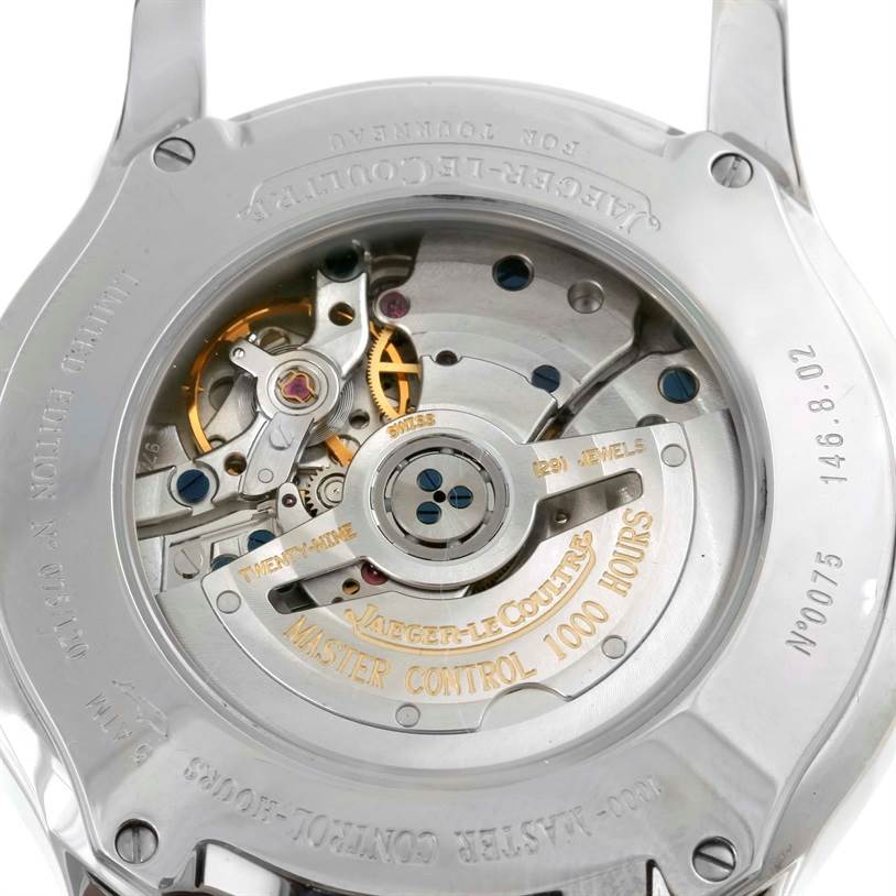 This image shows the back view of the Jaeger-LeCoultre Master model watch, highlighting its exposed mechanical movement.
