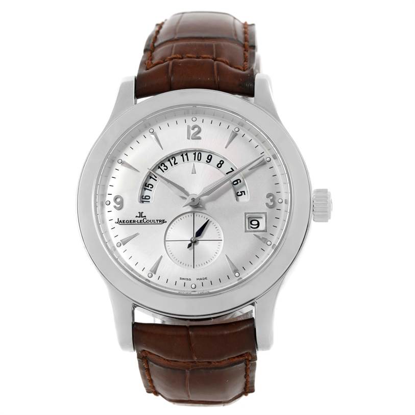 This is a front-facing view of a Jaeger LeCoultre Master 146.8.02 Men's Stainless Steel Silver Dial 146.8.02 Men's Stainless Steel Silver Dial model watch, showing the dial, hands, and brown leather strap.