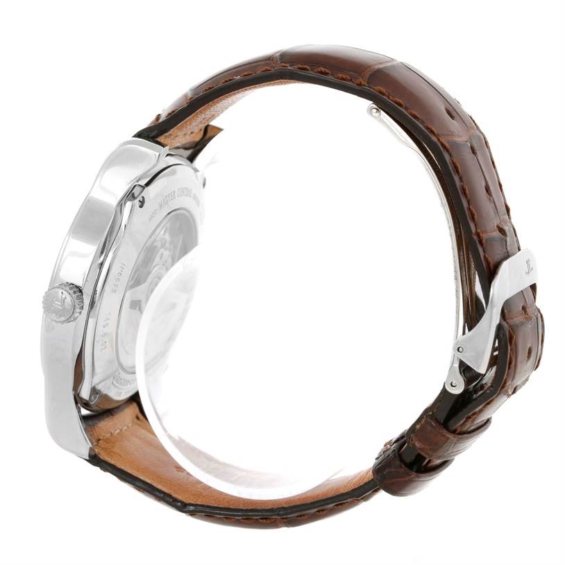 The image shows a side view of a Jaeger LeCoultre Master 146.8.02 Men's Stainless Steel Silver Dial 146.8.02 Men's Stainless Steel Silver Dial model watch with a brown leather strap and a visible crown.