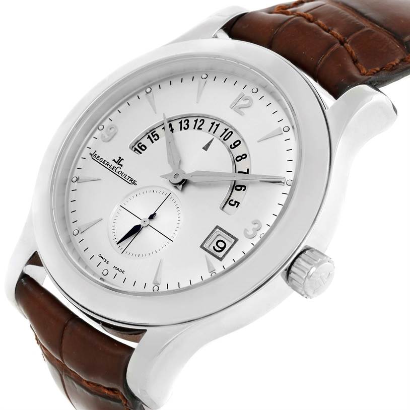 The Jaeger LeCoultre Master 146.8.02 Men's Stainless Steel Silver Dial 146.8.02 Men's Stainless Steel Silver Dial model watch is shown at an angled view showcasing the dial, crown, and brown leather strap.