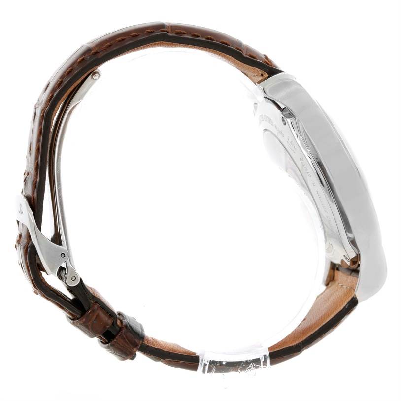 The image shows a side view of a Jaeger LeCoultre Master 146.8.02 Men's Stainless Steel Silver Dial 146.8.02 Men's Stainless Steel Silver Dial model watch, highlighting its case and leather strap.