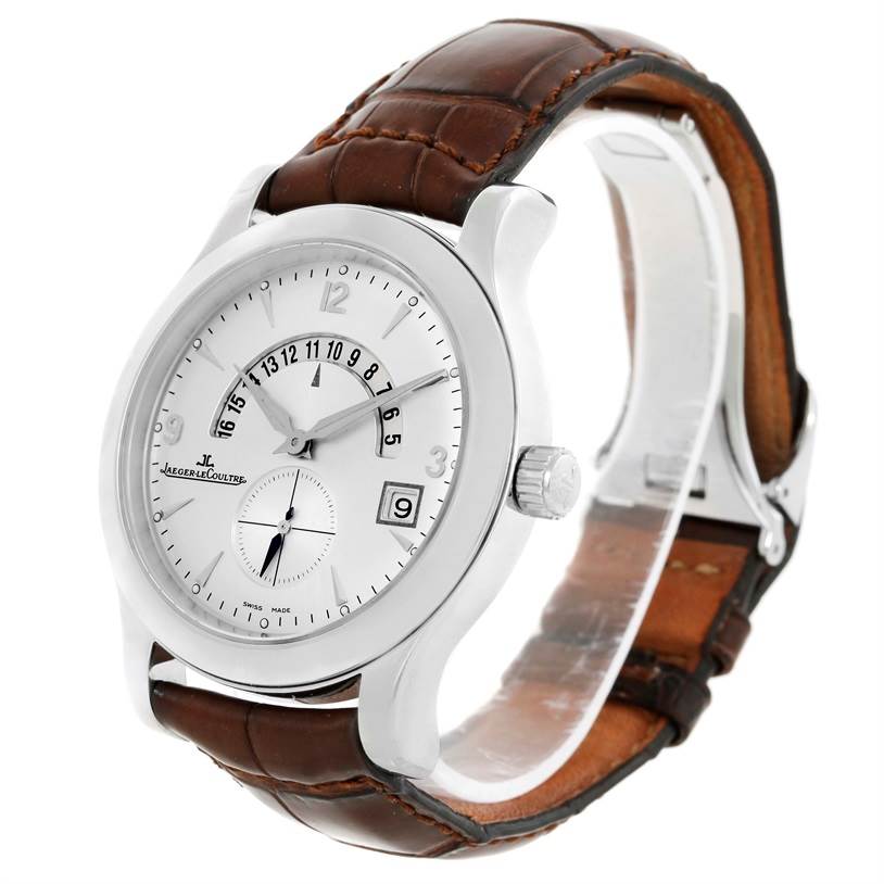 This image shows a Jaeger-LeCoultre Master model watch from a three-quarter angle, highlighting the dial, case, crown, and leather strap.