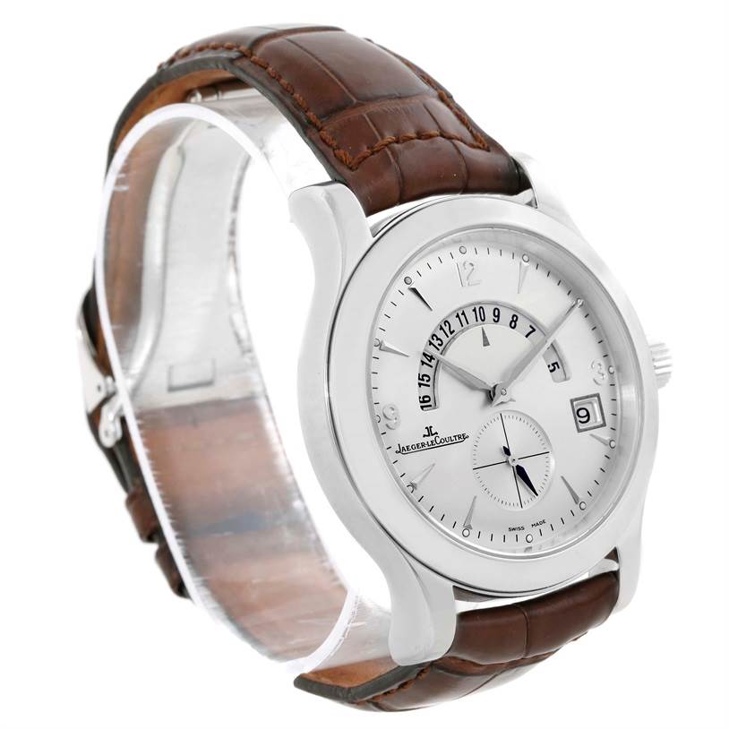 The image shows a Jaeger LeCoultre Master 146.8.02 Men's Stainless Steel Silver Dial 146.8.02 Men's Stainless Steel Silver Dial model watch at an angle highlighting its dial and brown leather strap.