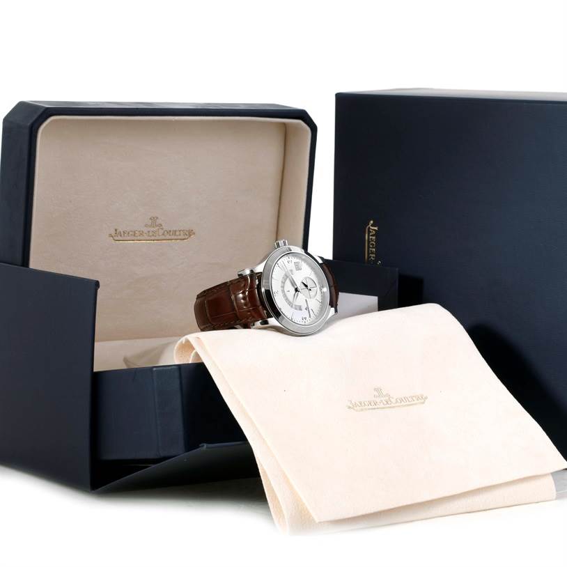 The Jaeger LeCoultre Master 146.8.02 Men's Stainless Steel Silver Dial 146.8.02 Men's Stainless Steel Silver Dial watch is displayed at an angle, showing its face and band, alongside its branded box and cloth.