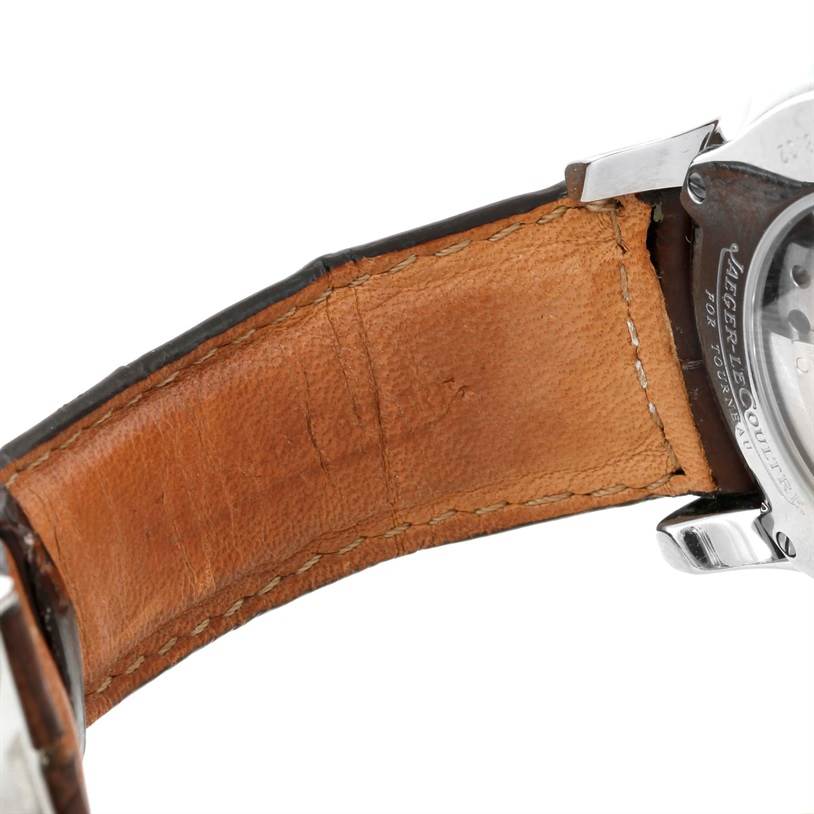 This image shows the side view of the leather strap and the case back of a Jaeger-LeCoultre Master model watch.