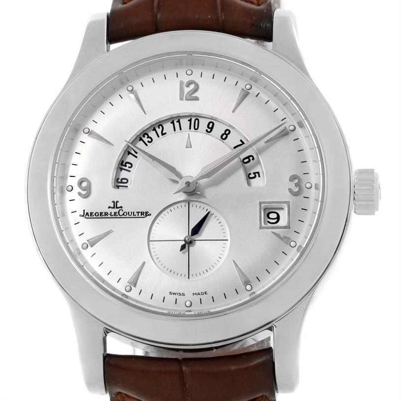 The image shows a full-frontal view of the Jaeger-LeCoultre Master watch, highlighting its dial, numerals, hands, date display, and leather strap.