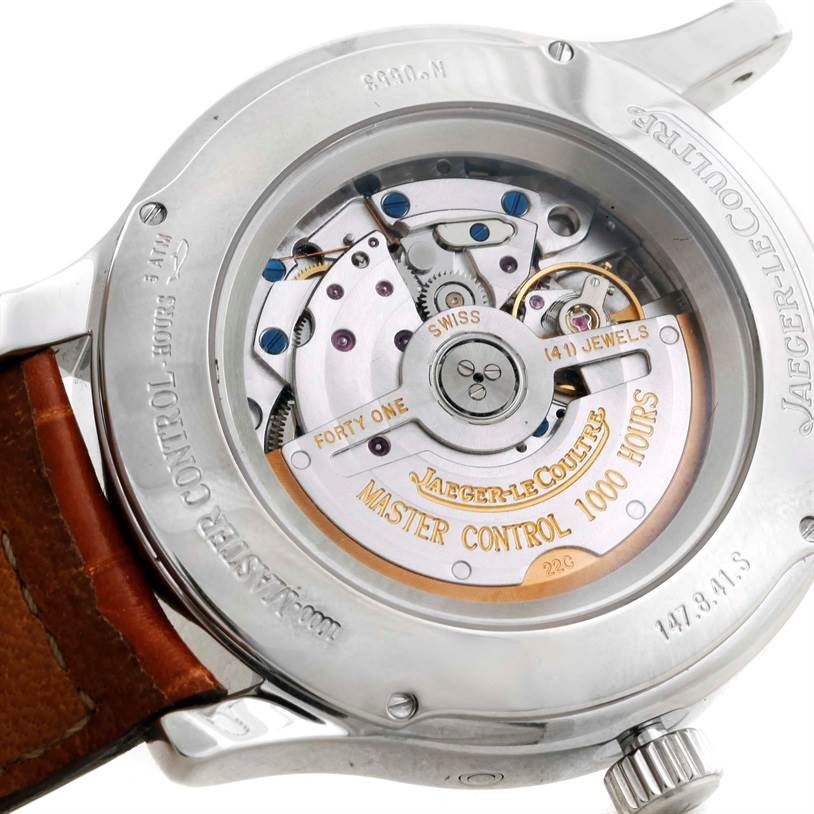 This image shows the back view of a Jaeger-LeCoultre Master model watch, highlighting its intricate movement and mechanism.