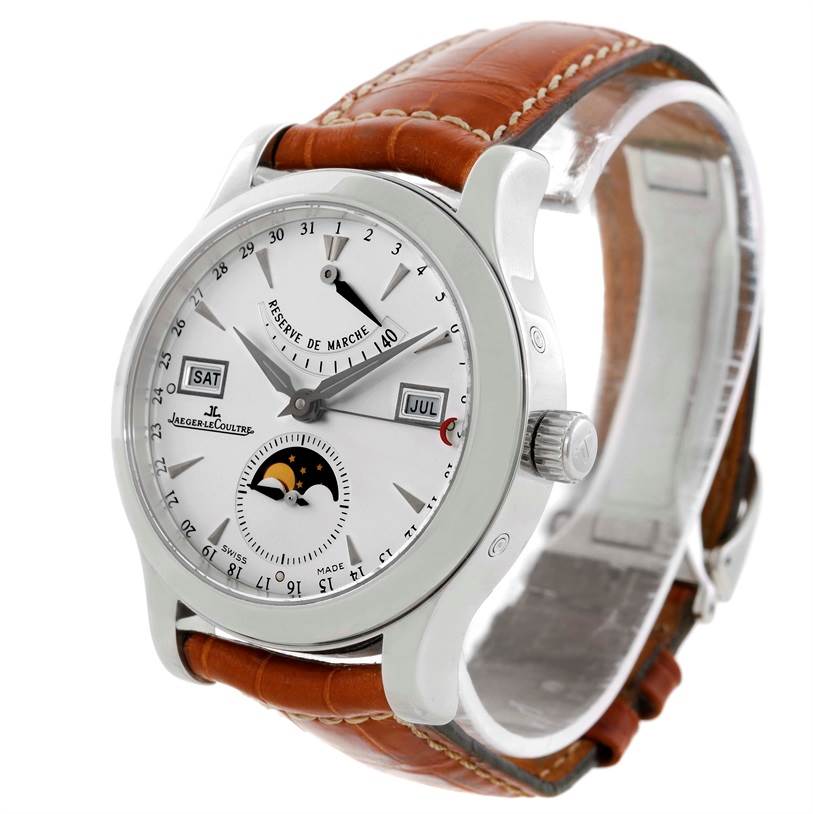 The image shows a Jaeger LeCoultre Master 147.8.41.S Men's Stainless Steel Silver Dial 147.8.41.S Men's Stainless Steel Silver Dial model watch at a three-quarter angle, highlighting its face, crown, and leather strap.