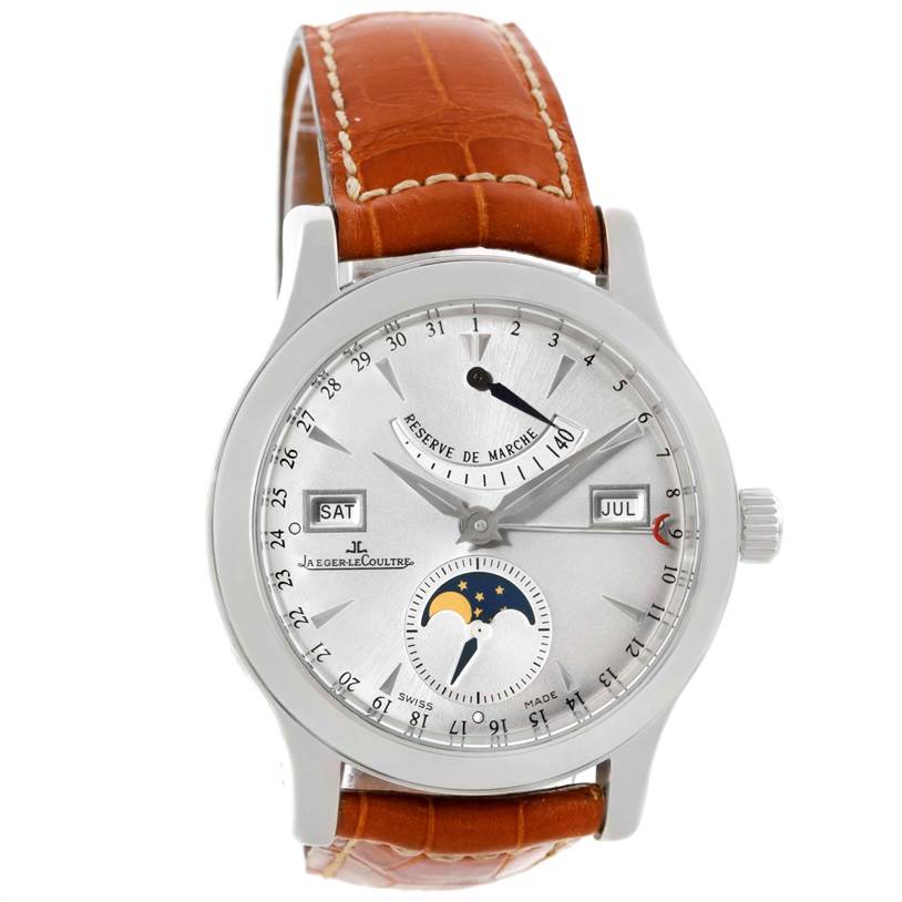 This image shows a front view of the Jaeger LeCoultre Master 147.8.41.S Men's Stainless Steel Silver Dial 147.8.41.S Men's Stainless Steel Silver Dial watch featuring its dial, date, day, month displays, and brown leather strap.