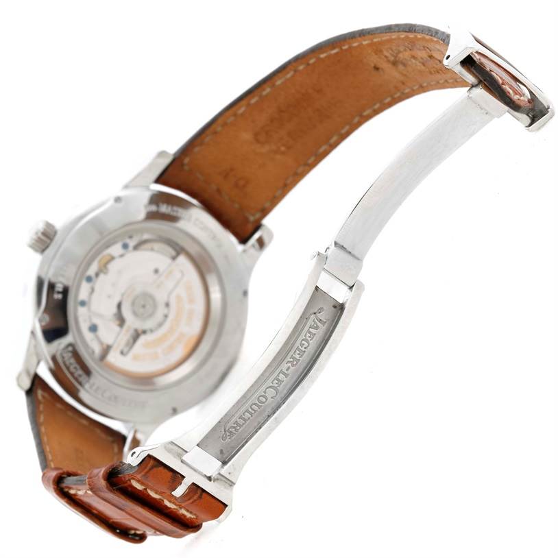 The image shows the back and clasp of a Jaeger LeCoultre Master 147.8.41.S Men's Stainless Steel Silver Dial 147.8.41.S Men's Stainless Steel Silver Dial watch, highlighting the movement and leather strap.