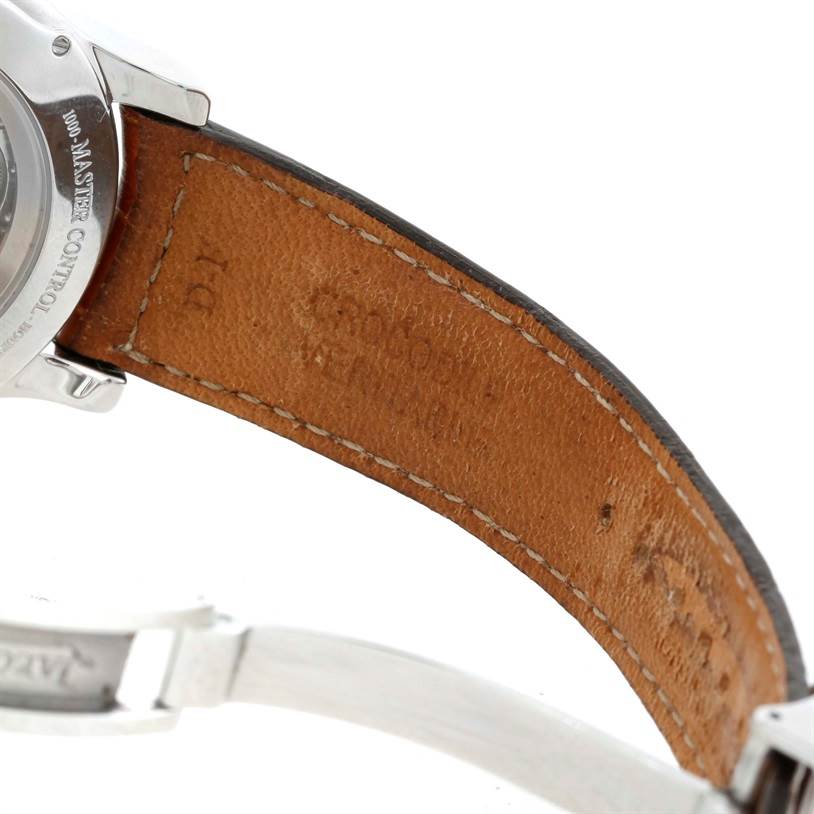 The image shows the back of a Jaeger LeCoultre Master 147.8.41.S Men's Stainless Steel Silver Dial 147.8.41.S Men's Stainless Steel Silver Dial model watch, highlighting the leather strap and part of the stainless steel case.