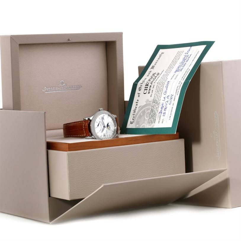 This image shows the Jaeger LeCoultre Master 147.8.41.S Men's Stainless Steel Silver Dial 147.8.41.S Men's Stainless Steel Silver Dial model watch, its original box, and a certificate of authenticity.