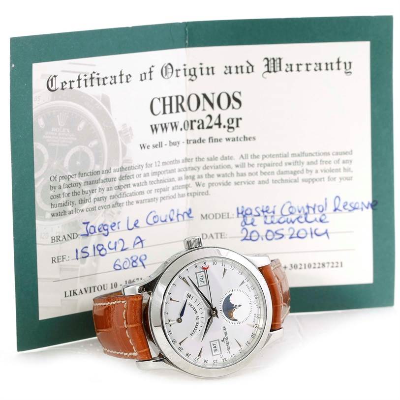 The Jaeger LeCoultre Master 147.8.41.S Men's Stainless Steel Silver Dial 147.8.41.S Men's Stainless Steel Silver Dial watch is shown at a slight angle displaying its face and a portion of the leather strap.