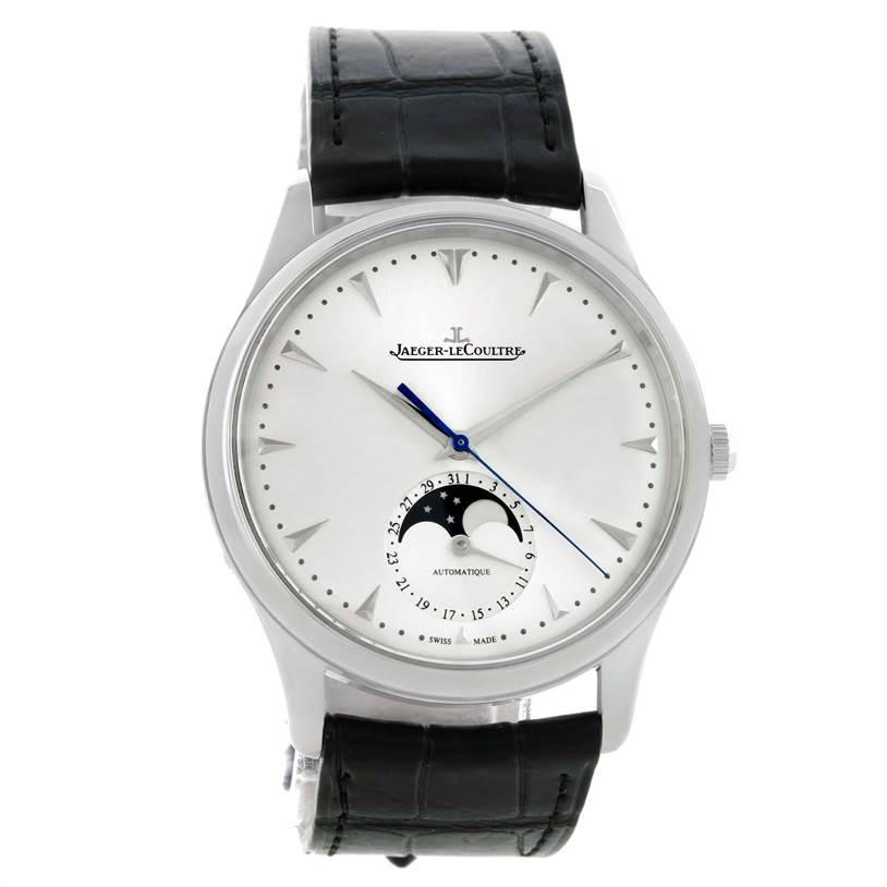 The image shows a frontal view of the Jaeger-LeCoultre Master model watch, featuring a moon phase and date complication with a black leather strap.