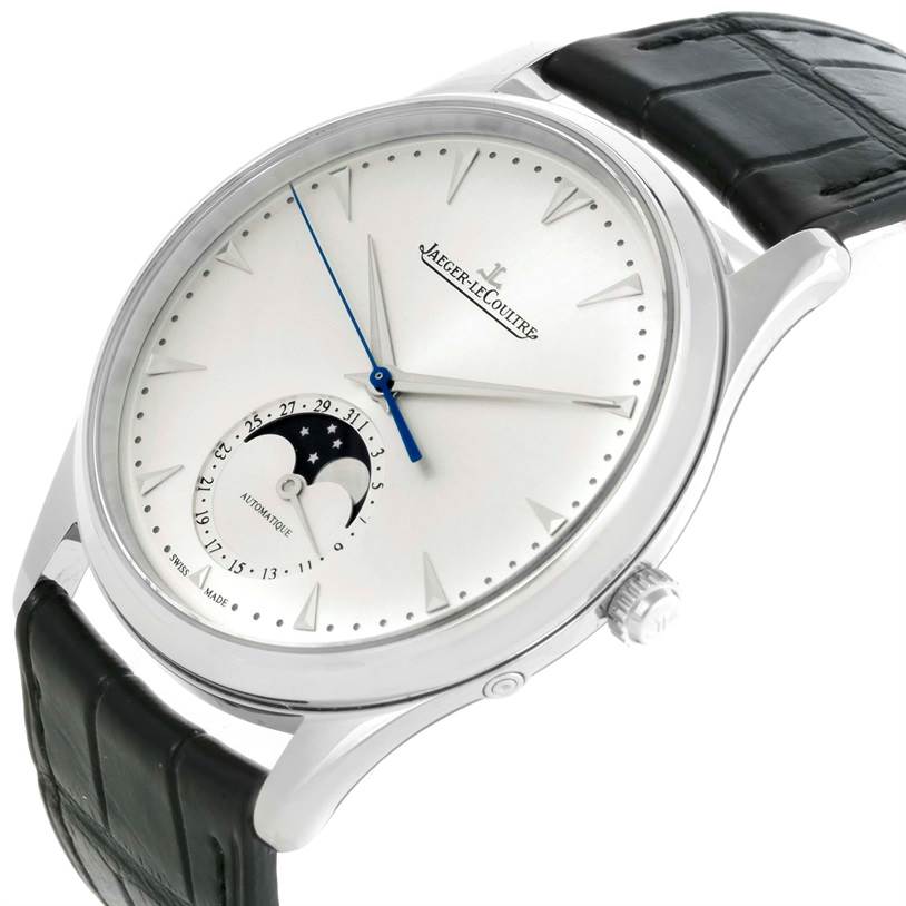 The Jaeger LeCoultre Master Q1368420 Men's Stainless Steel Silver Dial Q1368420 Men's Stainless Steel Silver Dial model watch is shown at an angled close-up, highlighting its face, crown, and leather strap.