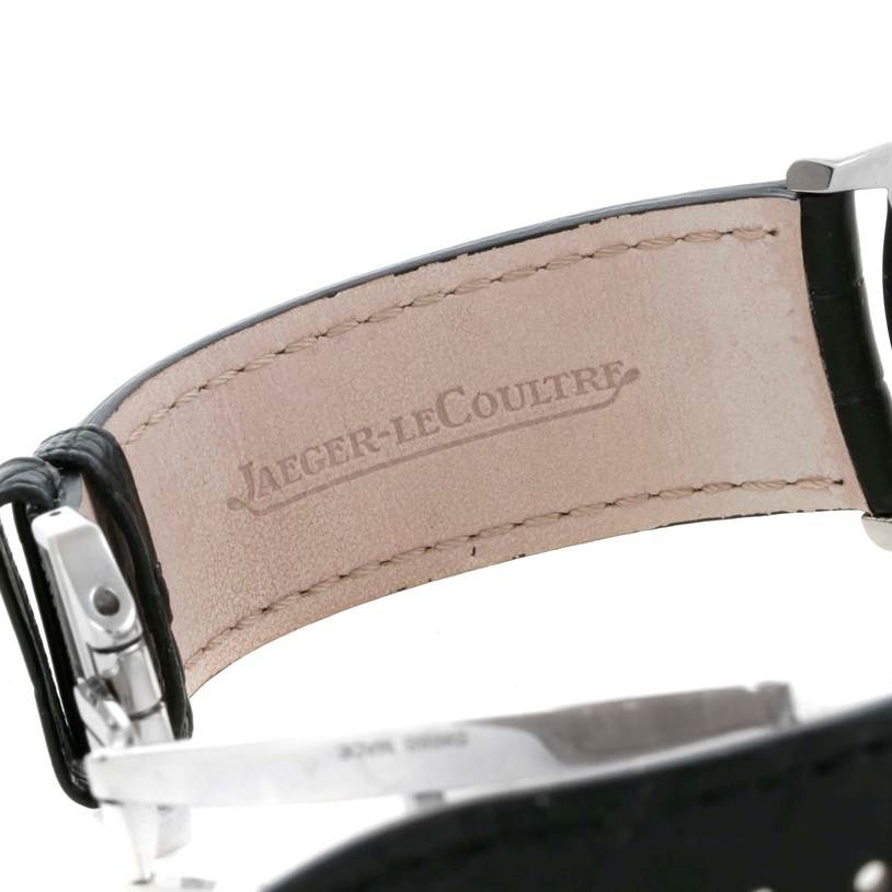 The image shows a close-up angle of the leather strap and clasp of a Jaeger LeCoultre Master Q1368420 Men's Stainless Steel Silver Dial Q1368420 Men's Stainless Steel Silver Dial watch.