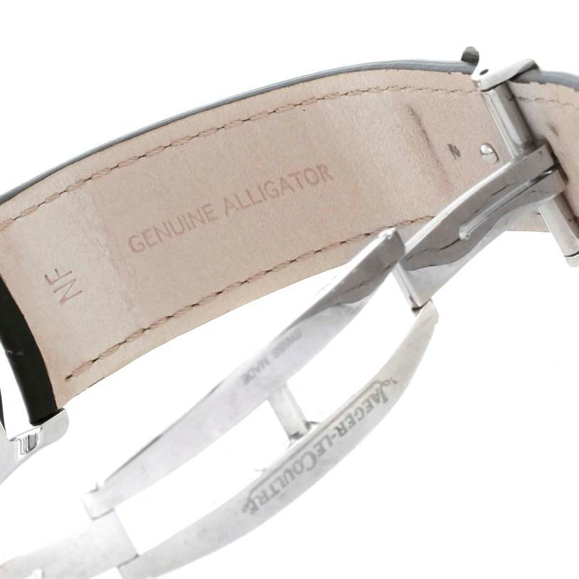 This image shows the underside of the genuine alligator leather strap and metal clasp of a Jaeger LeCoultre Master Q1368420 Men's Stainless Steel Silver Dial Q1368420 Men's Stainless Steel Silver Dial model watch.