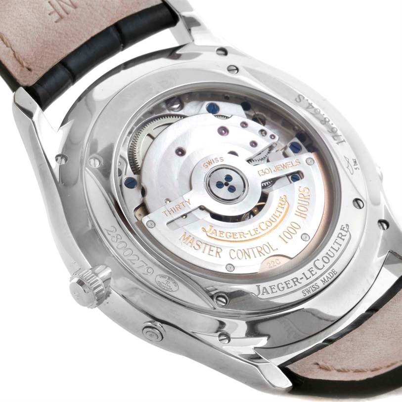 The image shows the back view of the Jaeger LeCoultre Master Q1368420 Men's Stainless Steel Silver Dial Q1368420 Men's Stainless Steel Silver Dial Control watch, highlighting its movement and inner mechanics.