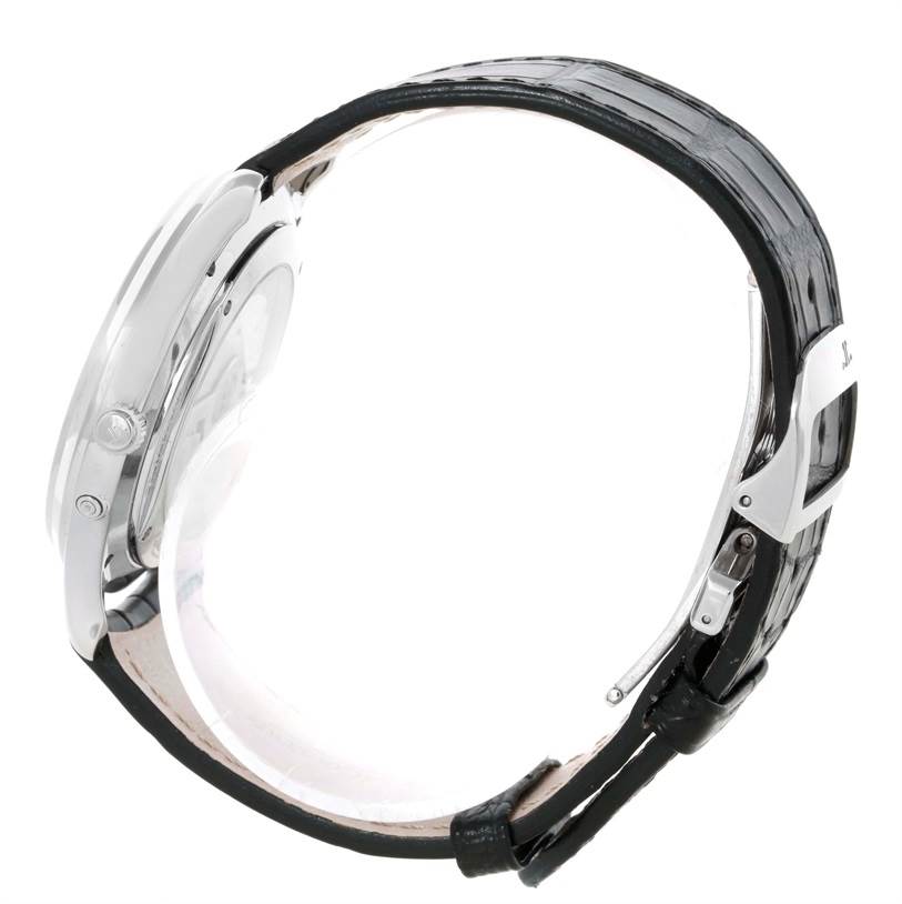 The image shows a side view of a Jaeger LeCoultre Master Q1368420 Men's Stainless Steel Silver Dial Q1368420 Men's Stainless Steel Silver Dial model watch, highlighting its case, buttons, and leather strap.