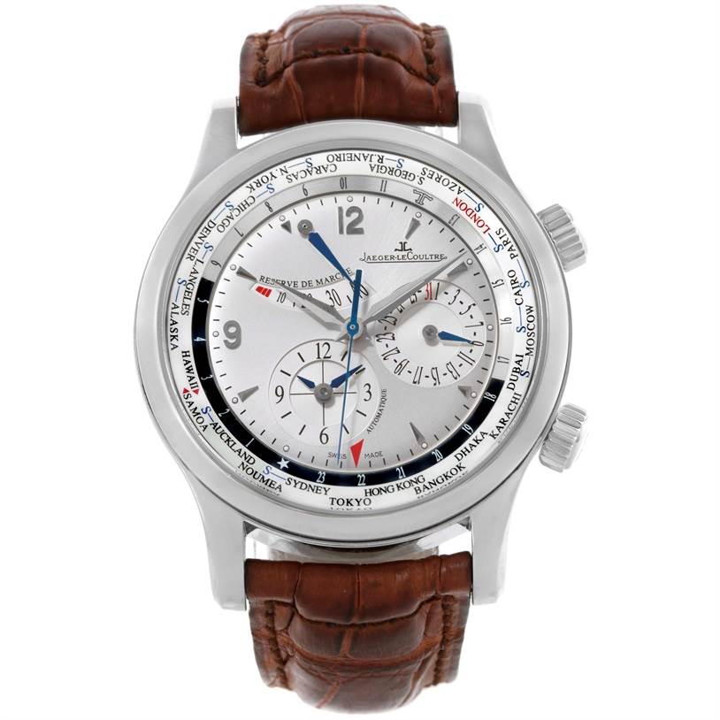 The image shows a front view of the Jaeger-LeCoultre Master model watch, featuring a brown leather strap and multiple time zones.