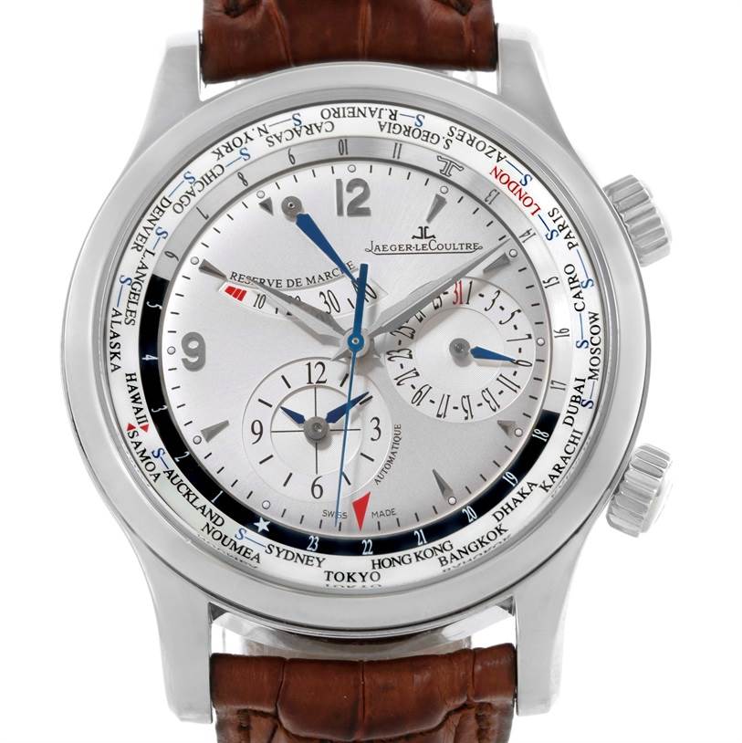 The image shows a frontal view of a Jaeger-LeCoultre Master model watch with a silver dial, world time cities, and leather strap.