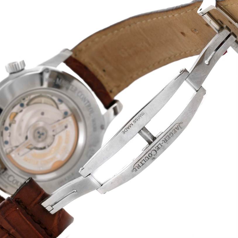 The image shows the back view of a Jaeger-LeCoultre Master model watch, focusing on the clasp and movement.