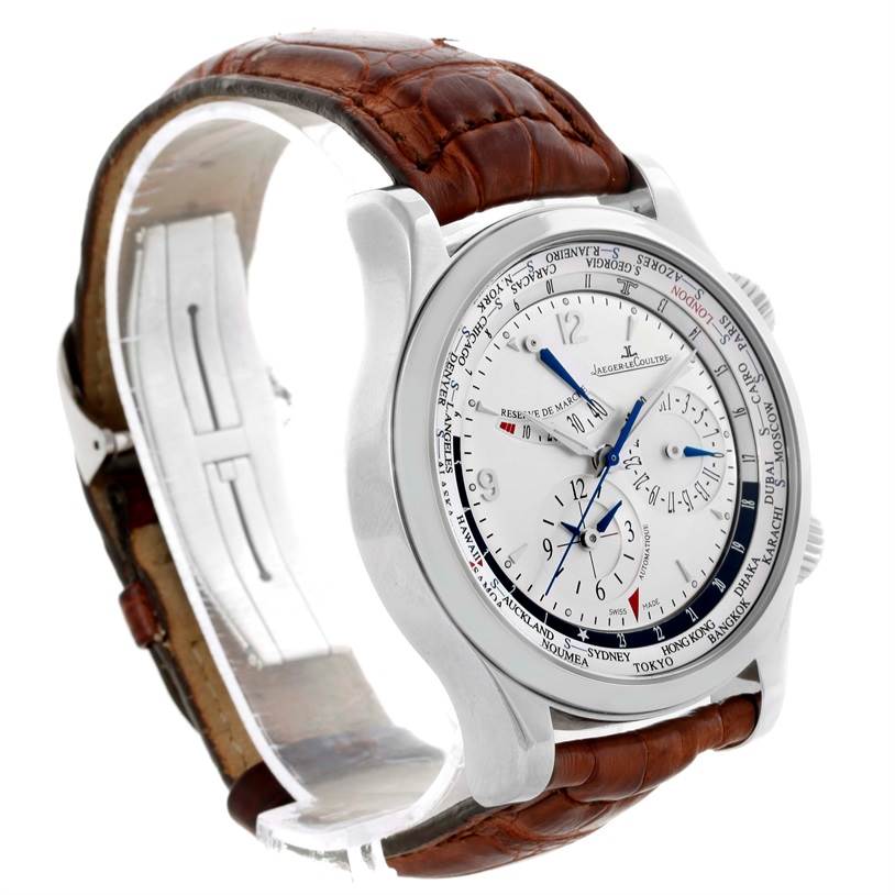 This Jaeger LeCoultre Master 146.8.32.S Q1528420 Men's Stainless Steel Silver Dial 146.8.32.S Q1528420 Men's Stainless Steel Silver Dial model watch is shown at a three-quarter angle, displaying the face, case, and brown leather strap.