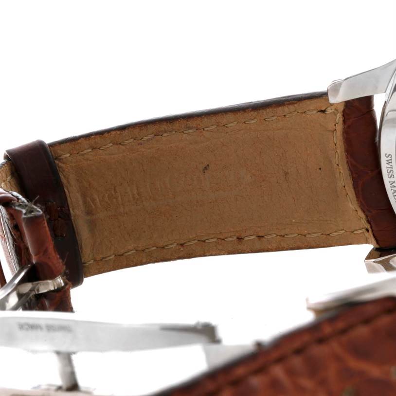 The image shows a close-up, angled view of the back of the leather strap and part of the clasp of the Jaeger-LeCoultre Master model watch.