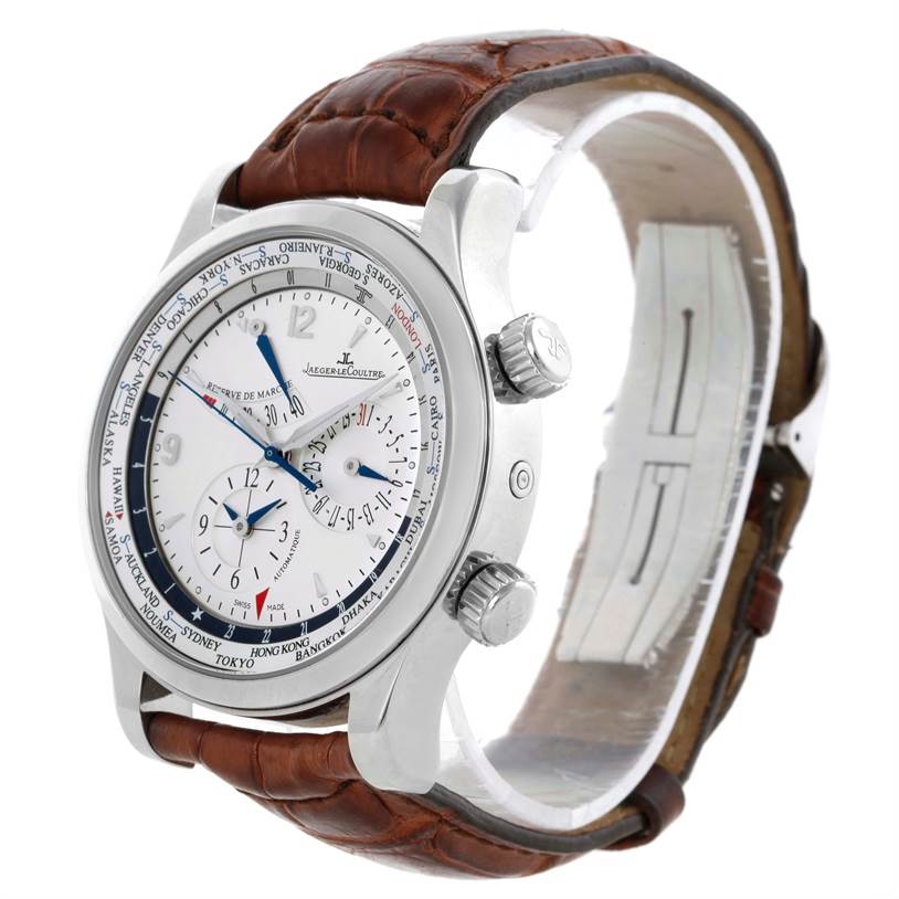 The image shows a Jaeger LeCoultre Master 146.8.32.S Q1528420 Men's Stainless Steel Silver Dial 146.8.32.S Q1528420 Men's Stainless Steel Silver Dial watch from a side angle, highlighting the face, dial, crown, and brown leather strap.