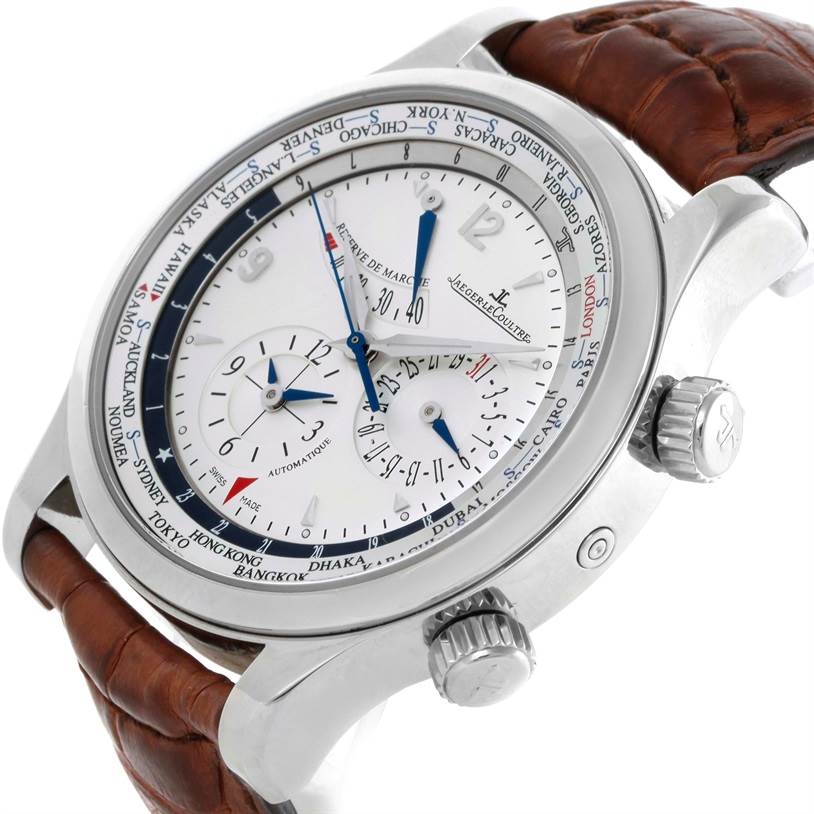 This image shows a close-up angled view of the Jaeger LeCoultre Master 146.8.32.S Q1528420 Men's Stainless Steel Silver Dial 146.8.32.S Q1528420 Men's Stainless Steel Silver Dial model watch, highlighting the dial, crown, and strap.