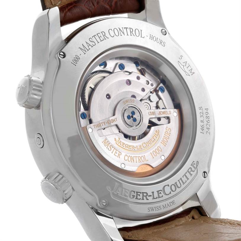 This image shows the back view of the Jaeger LeCoultre Master 146.8.32.S Q1528420 Men's Stainless Steel Silver Dial 146.8.32.S Q1528420 Men's Stainless Steel Silver Dial Control watch, highlighting its mechanical movement.