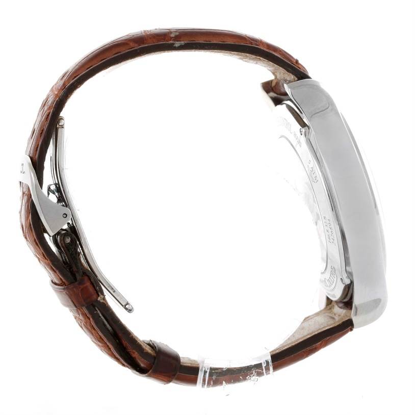 This side view of the Jaeger-LeCoultre Master model displays the leather strap, buckle, and case.