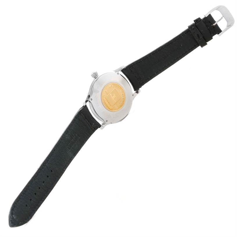 The image shows the back view of a Jaeger LeCoultre Master 140.8.89 Men
s Steel and Gold (two tone) Silver Dial 140.8.89 Men
s Steel and Gold (two tone) Silver Dial model watch, highlighting the case back and leather strap.